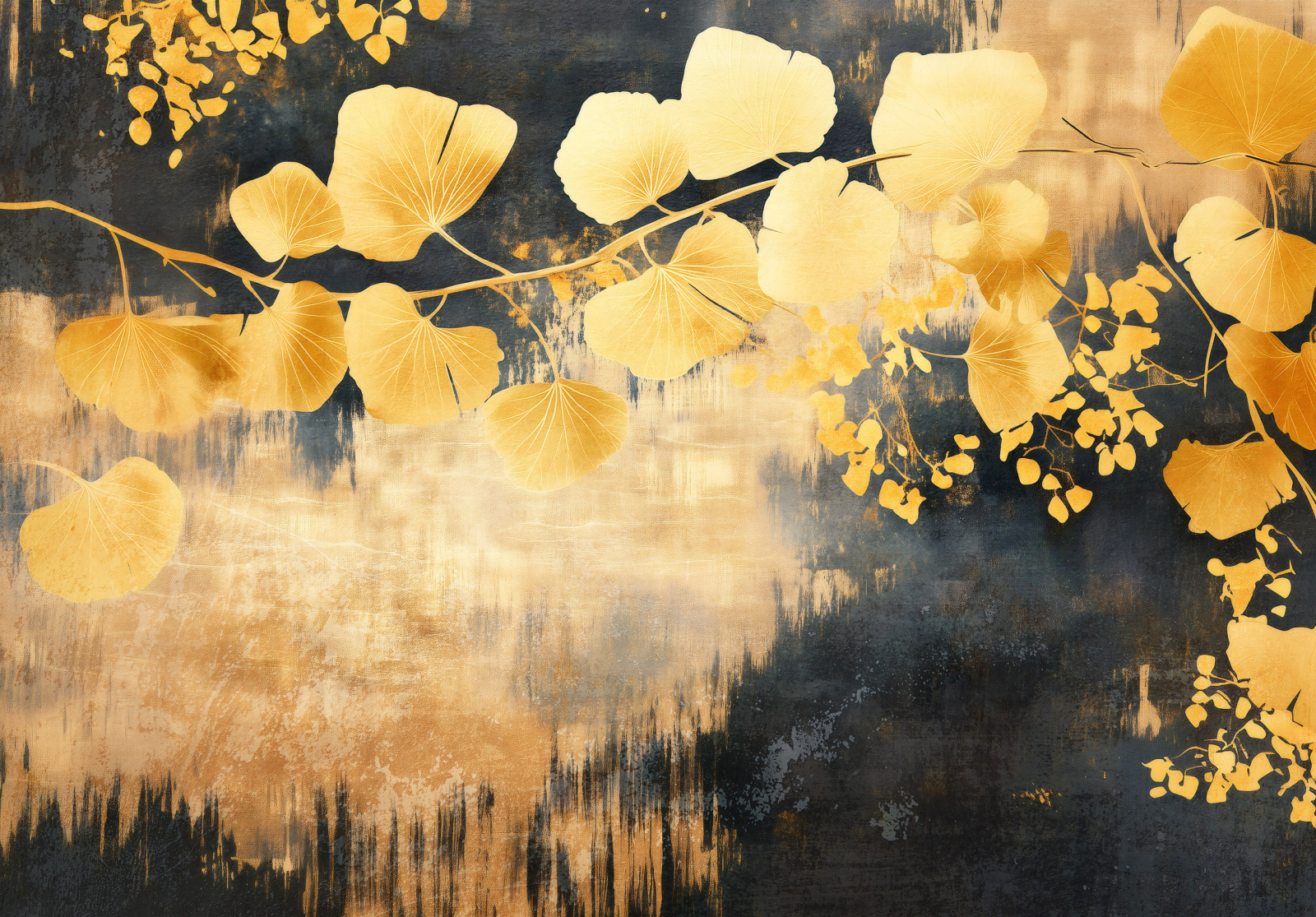 Луксозен фототапет със златни листа върху тъмен фон